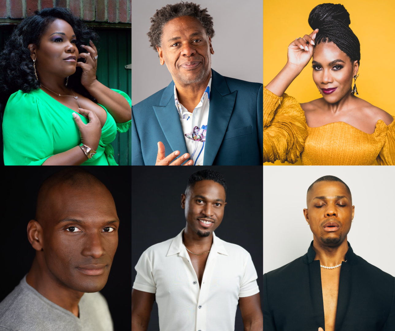 Clockwise from top left: a woman in a green dress; a man in a navy blue blazer; a woman in a goldenrod dress with her hand on her braided hair; a man with his eyes closed and hand in front of him, wearing a black coat; a man in a white short-sleeved button-down; a man in a gray sweater